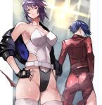  2girls 55level absurdres ass back bangs belt black_gloves black_jacket blue_hair breasts cleavage collarbone covered_navel dual_persona fingerless_gloves ghost_in_the_shell ghost_in_the_shell_arise ghost_in_the_shell_stand_alone_complex gloves hair_between_eyes hands_on_hips highleg highleg_leotard highres jacket kusanagi_motoko large_breasts leotard multiple_girls off_shoulder open_clothes open_jacket pants parted_lips purple_hair red_eyes red_jacket red_pants short_hair smile strapless strapless_leotard thighhighs thighs white_legwear 