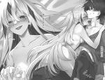  1boy 1girl blush clothed_male_nude_female collarbone commentary_request eyebrows_visible_through_hair fate/grand_order fate_(series) fujimaru_ritsuka_(male) greyscale hair_between_eyes highres licking long_hair looking_at_viewer mithurugi-sugar monochrome multicolored_hair nagao_kagetora_(fate) neck_licking nude straddling sweatdrop tongue tongue_out translation_request twitter_username two-tone_hair very_long_hair 