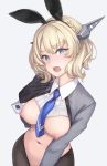  1girl alternate_costume animal_ears bangs black_legwear blonde_hair blue_eyes blue_neckwear blush breasts bunny_ears bunny_girl colorado_(kantai_collection) commentary_request cowboy_shot crying crying_with_eyes_open eyebrows_visible_through_hair fake_animal_ears grey_background groin headgear kantai_collection large_breasts looking_at_viewer navel necktie nipples open_mouth pantyhose pubic_hair reverse_bunnysuit reverse_outfit rokuwata_tomoe short_hair side_braids simple_background solo tearing_up tears upper_teeth wrist_cuffs 