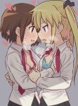  2girls after_kiss blonde_hair blue_eyes blush bra breath brown_hair eye_contact hair_ribbon kill_me_baby long_hair looking_at_another meis_(terameisu) multiple_girls necktie open_clothes open_mouth oribe_yasuna ribbon saliva saliva_trail school_uniform short_hair skirt sonya_(kill_me_baby) sweat tongue tongue_out twintails underwear yuri 