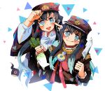  2boys adjusting_headwear black_hair black_headwear black_shirt blue_eyes brothers buttons cosplay daikon finger_to_cheek gakuran gradient_hair hanako_(jibaku_shounen_hanako-kun) hanako_(jibaku_shounen_hanako-kun)_(cosplay) hand_up hitodama holding holding_knife jibaku_shounen_hanako-kun k_koba kimetsu_no_yaiba kitchen_knife knife long_hair long_sleeves looking_at_viewer multicolored_hair multiple_boys school_uniform shirt siblings smile smirk tokitou_muichirou tokitou_yuichirou tongue tongue_out triangle twins upper_body v-shaped_eyebrows very_long_hair white_background wide_sleeves yugi_tsukasa yugi_tsukasa_(cosplay) 