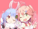  2girls ;p ahoge animal_ears bare_shoulders black_gloves blue_hair braid bunny_ears bunny_girl character_name cherry_blossoms chibi eyebrows_visible_through_hair flower gloves green_eyes hair_between_eyes hair_flower hair_ornament hololive kuro_(kuroneko_no_kanzume) multiple_girls one_eye_closed open_mouth orange_eyes pink_background pink_hair sakura_miko symbol-shaped_pupils tongue tongue_out usada_pekora v virtual_youtuber 