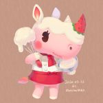  1girl animal_ears apron artist_name blush bow brown_background dated doubutsu_no_mori food fruit furry matchaneko pati_(doubutsu_no_mori) rhinoceros rhinoceros_ears rhinoceros_tail solo strawberry 