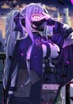  1girl absurdres ak-12_(girls_frontline) assault_rifle braid breasts building chall_(eva2ooo1) cityscape commentary_request french_braid gas_mask girls_frontline gloves glowing glowing_eye gun hand_on_own_face high_ponytail highres holding holding_gun holding_weapon large_breasts midriff outdoors partly_fingerless_gloves pink_eyes rifle sidelocks silver_hair sky skyscraper tactical_clothes weapon 