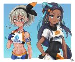  2girls :d abs armlet bangs bare_shoulders black_bodysuit black_hair black_hairband blue_background blue_eyes blue_gloves blue_hair blue_shorts blush bodysuit bodysuit_under_clothes breasts clothes_writing collarbone collared_shirt commentary_request cosplay costume_switch covered_navel dark_skin earrings gloves grey_eyes grey_hair gym_leader hair_between_eyes hair_bun hairband hand_on_hip hoop_earrings jewelry long_hair looking_at_viewer looking_down medium_breasts midriff motion_lines multicolored_hair multiple_girls navel necklace nose_blush open_mouth orange_gloves pokemon pokemon_(game) pokemon_swsh print_shorts rurina_(pokemon) rurina_(pokemon)_(cosplay) saitou_(pokemon) saitou_(pokemon)_(cosplay) shirt short_hair short_sleeves shorts sidelocks signature simple_background single_glove small_breasts smile sparkle sportswear swimsuit tankini tied_shirt toned translation_request two-tone_gloves two-tone_hair upper_body wakaba_(wata_ridley) 