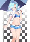  1girl :d absurdres belt blue_eyes blue_hair blue_shorts breasts checkered checkered_background choker collarbone crop_top elliot_leucosia hand_up head_fins highres holding holding_umbrella jacket looking_at_viewer midriff navel open_clothes open_jacket open_mouth original race_queen short_hair short_shorts short_sleeves shorts small_breasts smile solo standing stomach takunomi thighs umbrella webbed_hands white_jacket 