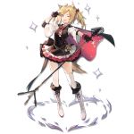  1girl ;d animal_ear_fluff animal_ears arknights arm_up bangs black_gloves black_vest blonde_hair boots cross-laced_footwear full_body gloves hair_ribbon holding huanxiang_heitu knee_boots lace-up_boots long_sleeves looking_at_viewer microphone_stand miniskirt necktie official_art one_eye_closed open_mouth pleated_skirt red_eyes red_neckwear red_ribbon red_skirt ribbon shirt short_hair skirt smile solo sora_(arknights) sparkle standing thighhighs transparent_background twintails v vest white_footwear white_legwear white_shirt wide_sleeves wolf_ears zettai_ryouiki 