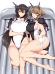 2girls air_mattress ass black_gloves black_hair blush breasts brown_hair closed_mouth collarbone commentary_request competition_swimsuit gloves green_eyes hair_between_eyes harukon_(halcon) headgear highres kantai_collection large_breasts long_hair looking_at_viewer lying multiple_girls mutsu_(kantai_collection) nagato_(kantai_collection) on_back on_side one-piece_swimsuit red_eyes short_hair sideboob swimsuit white_gloves 