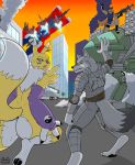  armor canid canine canis city cityscape digimon digimon_(species) jets machine mammal mecha mechwarrior renamon skyline smoke stogiegoatarts wolf 