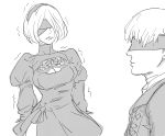  1boy 1girl bb_(baalbuddy) blindfold bob_cut cleavage_cutout commentary covered_eyes dress english_commentary greyscale highres jacket juliet_sleeves long_sleeves monochrome nier_(series) nier_automata profile puffy_sleeves short_hair simple_background smile tearing_up trembling white_background yorha_no._2_type_b yorha_no._9_type_s 