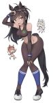  3girls :d animal_ears arm_up bangs bare_shoulders black_hair braid bridle brown_eyes brown_hair brown_sports_bra brown_thoroughbred_(kemono_friends) chestnut_thoroughbred_(kemono_friends) chibi cleavage_cutout collarbone commentary_request commission elbow_gloves extra_ears eyebrows_visible_through_hair fingerless_gloves full_body gloves groin hand_on_own_head hand_up high_ponytail highres horse_ears horse_girl horse_tail kemono_friends knees_together_feet_apart leaning_forward logo long_hair looking_at_another looking_at_viewer midriff multicolored_hair multiple_girls navel open_mouth pants shoes shorts sidelocks smile solo_focus sports_bra sportswear standing stomach swept_bangs tail tight tight_pants triangle_mouth twin_braids two-tone_hair unadare v-shaped_eyebrows white_hair white_thoroughbred_(kemono_friends) 
