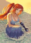  1girl bare_shoulders beach blue_camisole blue_skirt braid braided_bangs breasts camisole cleavage fingerless_gloves french_braid ge_xi gloves hair_ornament hairclip highres large_breasts levasol_defense_corps lien_ai-chiang long_hair long_skirt looking_at_viewer ocean one_knee orange_eyes orange_hair parted_lips ponytail red_lips single_glove skirt smile solo very_long_hair water wet wind witches_in_7th_base 