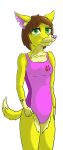  anthro brown_hair canid canine canis clothing dingo female green_eyes hair hi_res lorris_(thankfullorris) mammal one-piece_swimsuit pink_nose solo swimwear teenager thankfullorris young 