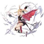  1girl :d animal_ears arknights arm_up black_gloves black_vest blonde_hair boots bunny_ears cape cross-laced_footwear elite_ii_(arknights) full_body gloves hair_ribbon huanxiang_heitu index_finger_raised knee_boots lace-up_boots long_hair long_sleeves looking_at_viewer microphone_stand miniskirt official_art open_mouth red_cape red_eyes red_ribbon ribbon shirt skirt smile solo sora_(arknights) sparkle thighhighs transparent_background twintails vest white_footwear white_legwear white_shirt wide_sleeves zettai_ryouiki 
