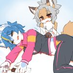  1:1 2019 5_fingers anthro blue_body blue_fur blue_hair blush bottomwear breasts canid canine chest_tuft clothed clothing duo ear_tuft eyes_closed female fingers fluffy fluffy_tail fox fur grey_hair hair kemono lying mammal nanahoshi_suzu navel occhan ohakotome red_eyes sleeping tan_body tan_fur topwear tuft 