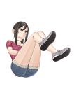  1girl amanchu! black_eyes black_hair choker cutoffs easy_(aqk7bdqt) from_below full_body hair_between_eyes katori_mato shirt shoes simple_background solo t-shirt white_background 