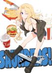  1girl ;) aircraft airplane background_text black_bikini_top blonde_hair blue_eyes blue_footwear blue_shorts breasts brown_jacket cleavage commentary cup denim denim_shorts disposable_cup drinking_straw emblem english_text food french_fries girls_und_panzer grin hair_intakes hamburger highres jacket kay_(girls_und_panzer) large_breasts leaning_forward long_hair long_sleeves looking_at_viewer military military_uniform muteki_soda off_shoulder one_eye_closed open_clothes open_jacket pizza popcorn saunders_military_uniform short_shorts shorts smile solo standing star uniform w 