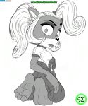  4_toes activision anthro barefoot breasts clothing coco_bandicoot crash_bandicoot_(series) female greyscale hair hi_res long_hair looking_back mammal marsupial monochrome open_mouth screampunk simple_background soles solo text toes url video_games 