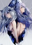  2girls animal_ears arknights bangs blue_hair breasts chinese_commentary commentary_request eyebrows_visible_through_hair from_side grey_background grey_eyes hair_between_eyes hair_censor hair_ornament hairclip head_tilt lappland_(arknights) long_hair looking_at_viewer looking_up medium_breasts moyao multiple_girls nude profile scar scar_across_eye silver_hair smile texas_(arknights) wolf_ears 