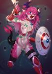  2020 absurd_res anthro armor belly blue_eyes breasts clothed clothing digital_media_(artwork) dragon elizabeth_b&aacute;thory_(fate) fate_(series) female genitals gloves goop hair handwear hi_res holding_object holding_weapon horn long_hair melee_weapon mostly_nude navel nipples open_mouth pink_body pink_hair pussy rtr scale scalie scantily_clad shield species_transformation sword tentacle_sex tentacles transformation video_games weapon 