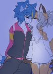  2019 anthro big_breasts black_bottomwear black_clothing black_pants black_shirt black_topwear blue_body blue_fur blue_hair blush bottomwear breasts canid canine chest_tuft cleavage clothed clothing duo ear_tuft eyes_closed female fingers fluffy fluffy_tail fox fur grey_hair hair kemono kissing mammal nanahoshi_suzu occhan ohakotome pants shirt simple_background snout tan_body tan_fur topwear tuft white_background white_clothing white_shirt white_topwear 