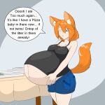  1:1 animal_humanoid belly big_belly canid canid_humanoid canine canine_humanoid clothing dialogue english_text female fox fox_humanoid furniture hi_res himitsudragon humanoid mammal mammal_humanoid pregnant solo table text 