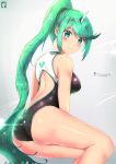  1girl armor ass back blush breasts chinchongcha glowing gradient gradient_background green_eyes green_hair hair_ornament headpiece highres large_breasts lens_flare long_hair looking_at_viewer one-piece_swimsuit pneuma_(xenoblade_2) ponytail pose simple_background smile solo spoilers swimsuit tiara xenoblade_(series) xenoblade_2 