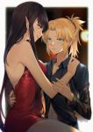  2girls bare_shoulders black_hair black_shirt blonde_hair braid dress english_commentary eye_contact fate/apocrypha fate/grand_order fate_(series) green_eyes hair_ornament hair_scrunchie hand_on_another&#039;s_shoulder long_hair looking_at_another medium_hair mordred_(fate) mordred_(fate)_(all) multiple_girls navel pointy_ears red_dress red_scrunchie scrunchie semiramis_(fate) shirt short_ponytail sleeveless sleeveless_dress strapless strapless_dress yellow_eyes yorukun yuri 