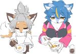  2019 5_fingers anthro blue_body blue_fur blue_hair blush breasts canid canine chest_tuft chopsticks clothed clothing duo ear_tuft eating egg eyes_closed female fingers fluffy fluffy_tail food fox fur grey_hair hair half-closed_eyes kemono mammal nanahoshi_suzu narrowed_eyes occhan ohakotome pawpads red_eyes simple_background snout tan_body tan_fur topwear tuft white_background yellow_eyes 