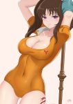  1girl arm_over_head arms_up artist_name bangs blush breasts brown_hair cleavage collarbone commentary_request covered_navel cyicheng diane_(nanatsu_no_taizai) eyebrows_visible_through_hair large_breasts leotard long_hair looking_at_viewer nanatsu_no_taizai orange_leotard purple_eyes short_sleeves simple_background smile solo twintails white_background 