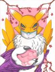 2020 anthro black_nose blue_eyes boxice breasts cherry_blossom claws clothed clothing coronavirus digimon digimon_(species) dress face_mask female fur hi_res looking_at_viewer plant renamon simple_background soap solo traditional_media_(artwork) white_body white_fur yellow_body yellow_fur yin_yang 