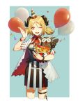  1girl ;d absurdres arknights balloon black_dress blonde_hair blue_background border bucket bucket_of_chicken choker colonel_sanders confetti cowboy_shot cropped_legs dress eyebrows_visible_through_hair fried_chicken hand_up hat highres holding holding_bucket horns ifrit_(arknights) kfc looking_at_viewer low_twintails one_eye_closed open_clothes open_mouth open_shirt outside_border party_hat red_choker red_eyes red_ribbon ribbon ribbon_choker shenyin_jiade_aquan shirt short_dress short_hair short_sleeves simple_background smile solo standing stuffed_animal stuffed_owl stuffed_toy thigh_strap twintails white_border white_shirt wristband 