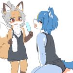  1:1 2019 anthro blue_body blue_fur blue_hair blush canid canine chest_tuft clothed clothing confusion cute_fangs duo ear_tuft eyes_closed female fluffy fluffy_tail food fox fur grey_hair hair kemono mammal nanahoshi_suzu occhan ohakotome popsicle red_eyes simple_background sitting snout standing swimwear tan_body tan_fur tongue tongue_out topwear tuft water_bottle white_background 