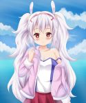  1girl animal_ears azur_lane bare_shoulders blue_sky blurry blurry_background breasts bunny_ears camisole cleavage cloud commentary_request day depth_of_field hair_ornament hairband highres horizon jacket koyuki_(azumaya999) laffey_(azur_lane) long_hair long_sleeves ocean off_shoulder open_clothes open_jacket outdoors pink_jacket pleated_skirt red_hairband red_skirt skirt sky small_breasts solo strap_slip twintails very_long_hair water white_camisole white_hair 