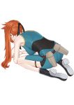 all_fours ass bike_shorts black_footwear boku_no_hero_academia breasts commentary_request easy_(aqk7bdqt) full_body kendou_itsuka large_breasts long_hair orange_hair side_ponytail simple_background solo white_background 