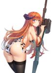  1girl absurdres arknights ass bagpipe_(arknights) bangs bare_arms bare_shoulders bikini black_legwear blush breasts chinese_commentary commentary_request cowboy_shot eyebrows_visible_through_hair from_behind hand_up highres horns lance large_breasts leaning_forward long_hair looking_at_viewer looking_back orange_hair partial_commentary planted_weapon polearm purple_eyes red_and_white side-tie_bikini simple_background solo standing swimsuit thighhighs thighs very_long_hair weapon white_background white_bikini 