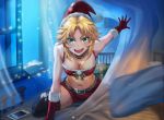  1girl :d bed black_legwear blanket blonde_hair blush breasts cellphone christmas christmas_lights cleavage collar fate/apocrypha fate/grand_order fate_(series) gift gloves green_eyes hat highres looking_at_viewer medium_breasts mordred_(fate) mordred_(fate)_(all) navel night open_mouth open_window phone pillow santa_costume santa_hat shorts smartphone smile snow solo stomach thighhighs tonee window 