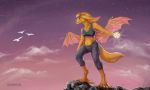  2020 amber_wind(character) anthro bird_dog black_clothing bottomwear canid canine canis clothed clothing detailed_background digital_media_(artwork) domestic_dog dragonislera female floppy_ears fur golden_retriever hunting_dog magic_user mammal membrane_(anatomy) membranous_wings outside pants pink_nose purple_eyes retriever shirt small_wings standing tank_top topwear wings yellow_body yellow_fur 