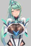  1girl areola_slip areolae armor blush breasts cleavage covered_navel covered_nipples eyebrows_visible_through_hair gem green_eyes green_hair hair_ornament headpiece hinot huge_breasts jewelry large_breasts long_hair looking_at_viewer naughty_face pneuma_(xenoblade_2) see-through shoulder_armor sideboob smile solo spoilers tiara tied_hair very_long_hair xenoblade_(series) xenoblade_2 