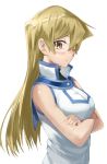  1girl blonde_hair blush breasts brown_eyes crossed_arms hair_between_eyes long_hair looking_at_viewer medium_breasts rourou_ill shiny shiny_hair shirt simple_background sleeveless sleeveless_shirt solo standing straight_hair tenjouin_asuka upper_body very_long_hair white_background white_shirt yuu-gi-ou yuu-gi-ou_gx 