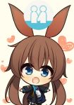  1girl 7:08 absurdres amiya_(arknights) animal_ears arknights bangs blue_eyes brown_hair bunny_ears chibi commentary_request eyebrows_visible_through_hair hair_between_eyes heart highres jacket long_hair long_sleeves looking_at_viewer open_clothes open_jacket open_mouth pantyhose sidelocks simple_background solo standing yellow_background 