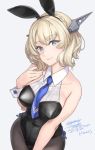  1girl alternate_costume animal_ears artist_name black_legwear black_leotard blonde_hair blue_eyes blue_neckwear breasts bunny_ears bunny_girl colorado_(kantai_collection) cowboy_shot dated eyebrows_visible_through_hair fake_animal_ears grey_background groin headgear kantai_collection large_breasts leotard looking_at_viewer necktie pantyhose rokuwata_tomoe short_hair side_braids signature simple_background smile solo strapless strapless_leotard twitter_username wrist_cuffs 