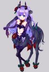  1girl :o ahoge azur_lane bangs bare_shoulders bicorn black_bow black_ribbon blush bow breasts centaur clenched_hands commentary_request elbow_gloves eyebrows_visible_through_hair flower full_body garter_straps gloves grey_background hair_between_eyes hair_bun hair_flower hair_ornament hana_yamakiri heart_cutout hooves horns horse_legs horse_tail leg_up leotard long_hair looking_at_viewer monster_girl monster_girl_encyclopedia monsterification navel navel_cutout one_side_up purple_eyes purple_gloves purple_hair purple_legwear purple_leotard red_flower red_rose ribbon rose side_bun sidelocks small_breasts solo standing strapless strapless_leotard tail thighhighs unicorn_(azur_lane) 