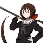  1girl bangs black_serafuku breasts brown_hair closed_mouth collarbone commentary_request grey_neckwear hair_between_eyes hair_ribbon hand_on_hip holding holding_weapon koto_(kyousougiga) kyousougiga long_hair long_sleeves looking_at_viewer neckerchief o3o over_shoulder ponytail puckered_lips red_eyes red_ribbon ribbon sailor_collar school_uniform serafuku simple_background small_breasts solo standing tonmoh upper_body very_long_hair weapon weapon_over_shoulder white_background white_sailor_collar 