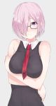  1girl bare_shoulders blush breasts commentary_request eyebrows_visible_through_hair fate/grand_order fate_(series) hair_over_one_eye highres large_breasts lavender_hair looking_at_viewer mash_kyrielight parusu_(ehyfhugj) purple_eyes red_neckwear short_hair simple_background solo white_background 