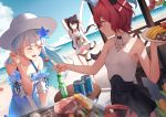  3girls :3 :d ^_^ ange_katrina animal_ears arm_behind_head arms_up bangs bare_shoulders beach beer_can bikini bikini_under_clothes black_hair black_skirt blue_dress blue_eyes blue_hair blunt_bangs blush breasts can closed_eyes closed_mouth cloud collarbone commentary_request corn day detached_sleeves dog_ears dress dutch_angle eyebrows_visible_through_hair feeding flower food frilled_dress frills green_bikini grill grilling hair_ornament hairclip hat heterochromia highres holding holding_plate horizon inui_toko kebab laces lize_helesta lobster long_hair looking_at_another multi-strapped_bikini multicolored_hair multiple_girls mushroom nijisanji ocean open_mouth outdoors plate pleated_skirt print_shirt ramune red_hair shirt short_hair skewer skirt sleeveless sleeveless_shirt smile standing steak stretch sun_hat swimsuit t-shirt tail twintails two-tone_hair v-shaped_eyebrows very_long_hair virtual_youtuber white_hair white_headwear yukiyama_momo 