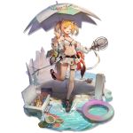  1girl ;d animal_ears arknights bangs bare_legs bare_shoulders beach_umbrella bikini bikini_skirt black_footwear blonde_hair bottle breasts cleavage cooler eyebrows_visible_through_hair fang full_body hair_ribbon hand_up holding huanxiang_heitu innertube jacket long_sleeves looking_at_viewer medium_breasts microphone_stand miniskirt navel off_shoulder official_art one_eye_closed open_clothes open_jacket open_mouth red_eyes red_ribbon ribbon sandals shadow short_hair skindentation skirt smile solo sora_(arknights) standing standing_on_one_leg stomach swimsuit thigh_strap thighs transparent_background twintails umbrella white_bikini white_jacket white_skirt wolf_ears 