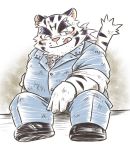  2020 anthro belly blush bottomwear clothing felid fur hi_res humanoid_hands kemono male mammal mind_drive mizuse_higomaru overweight overweight_male pantherine pants shirt sitting solo tiger tongue tongue_out topwear white_body white_fur 