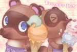  2016 animal_crossing anthro blue_eyes brown_body brown_fur canid canine dessert duo eyes_closed food fur hellox2 ice_cream mammal nintendo raccoon_dog tanuki text timmy_nook tommy_nook video_games 