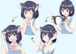  2019 animal_humanoid black_hair breasts cat_humanoid cute_fangs felid felid_humanoid feline feline_humanoid female hair human human_to_humanoid humanoid inner_ear_fluff mammal mammal_humanoid open_mouth ribbons roina sequence short_hair simple_background smile solo tuft 